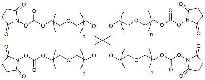 Molecular structure of the compound: 4arm-PEG-Succinimidyl Carbonate, MW 5,000