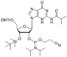 Molecular structure of the compound: 3-O-tert-Butyldimethylsilyl-5-O-DMT-N2-isobutyrylguanosine 2-CE phosphoramidite