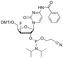 Molecular structure of the compound: N4-Benzoyl-5’-O-(4,4’-dimethoxytrityl)-3’-deoxy-3’-fluoro-beta-D-xylofuranosyl cytidine-2’-CED-phosphoramidite