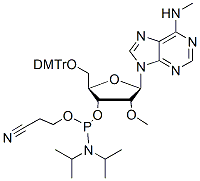 Molecular structure of the compound: 5-O-(4,4-Dimethoxytrityl)-2-O-methyl-N6-methyladenosine 3-CED phosphoramidite