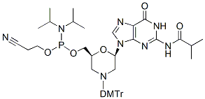 Molecular structure of the compound: N-DMTr-N2-isobutyryl-morpholino-G-5’-O-phosphoramidite