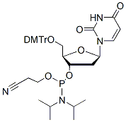 Molecular structure of the compound: 2’-Deoxy-5’-O-(4,4-dimethoxytrityl) uridine-3’-CED phosphoramidite