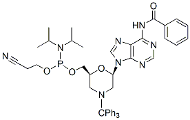 Molecular structure of the compound: N-Trityl-N6-benzoyl-morpholino-A-5’-O-phosphoramidite
