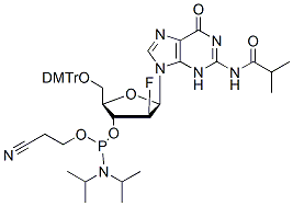 Molecular structure of the compound: N2-iso-Butyroyl-5’-O-(4,4’-dimethoxytrityl)-2’-deoxy- fluoro-2’-arabinoguanosine-3’-CED-phosphoramidite