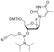 Molecular structure of the compound: 5’-O-(4,4’-Dimethoxytrityl)-2’-deoxy-2’-fluoro-5-methyl-b-D-arabinouridine-3’-CED-phosphoramidite