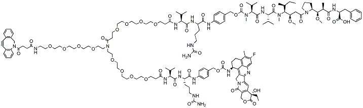 Molecular structure of the compound: N-(DBCO-PEG4)-N-(PEG4-Val-Cit-PAB-MMAF)-N-(PEG4-Val-Cit-PAB-Exatecan)