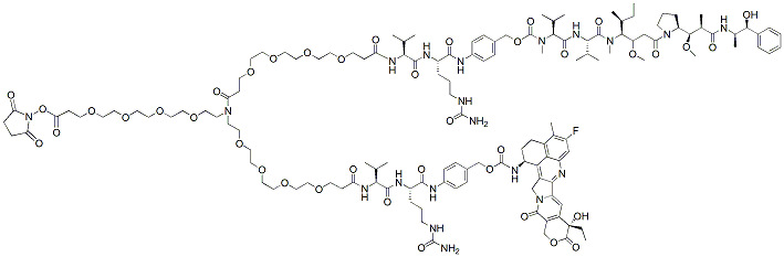 Molecular structure of the compound: N-(NHS-PEG4)-N-(PEG4-Val-Cit-PAB-MMAE)-N-(PEG4-Val-Cit-PAB-Exatecan)