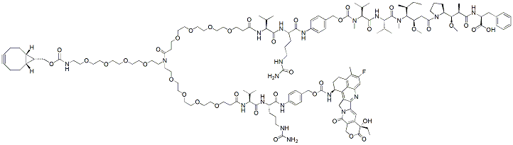 Molecular structure of the compound: N-(endo-BCN-PEG4)-N-(PEG4-Val-Cit-PAB-MMAF)-N-(PEG4-Val-Cit-PAB-Exatecan)