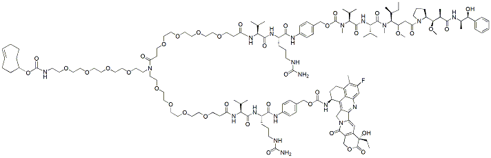 Molecular structure of the compound: N-(TCO-PEG4)-N-(PEG4-Val-Cit-PAB-MMAE)-N-(PEG4-Val-Cit-PAB-Exatecan)
