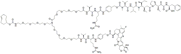 Molecular structure of the compound: N-(TCO-PEG4)-N-(PEG4-Val-Cit-PAB-MMAF)-N-(PEG4-Val-Cit-PAB-Exatecan)