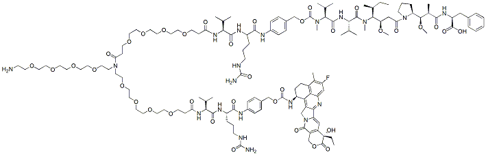 Molecular structure of the compound: N-(Amino-PEG4)-N-(PEG4-Val-Cit-PAB-MMAF)-N-(PEG4-Val-Cit-PAB-Exatecan)