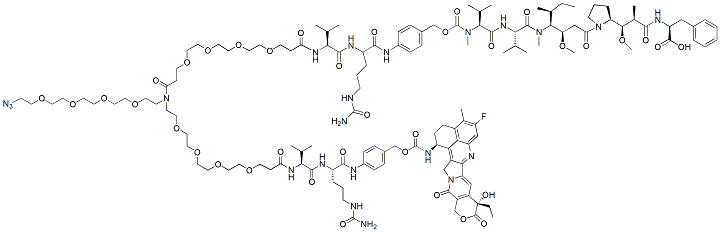 Molecular structure of the compound: N-(Azido-PEG4)-N-(PEG4-Val-Cit-PAB-MMAF)-N-(PEG4-Val-Cit-PAB-Exatecan)
