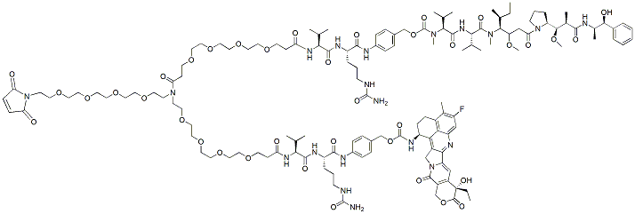 Molecular structure of the compound: N-(Mal-PEG4)-N-(PEG4-Val-Cit-PAB-MMAE)-N-(PEG4-Val-Cit-PAB-Exatecan)