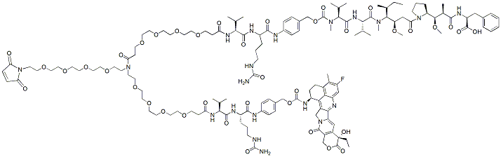 Molecular structure of the compound: N-(Mal-PEG4)-N-(PEG4-Val-Cit-PAB-MMAF)-N-(PEG4-Val-Cit-PAB-Exatecan)