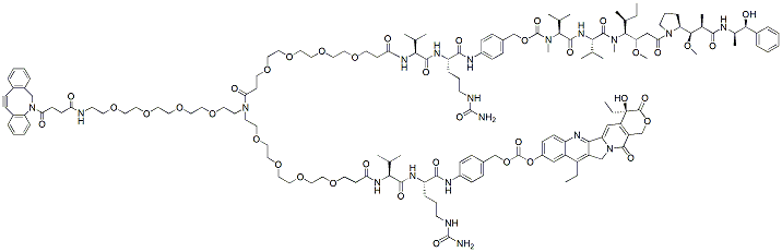 Molecular structure of the compound: N-(DBCO-PEG4)-N-(PEG4-Val-Cit-PAB-MMAE)-N-(PEG4-Val-Cit-PAB-SN-38)