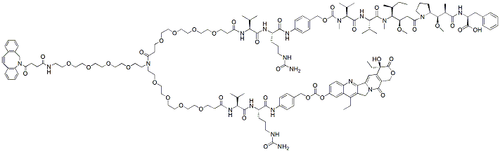 Molecular structure of the compound: N-(DBCO-PEG4)-N-(PEG4-Val-Cit-PAB-MMAF)-N-(PEG4-Val-Cit-PAB-SN-38)