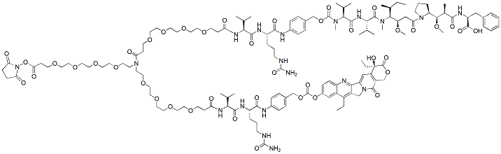 Molecular structure of the compound: N-(NHS-PEG4)-N-(PEG4-Val-Cit-PAB-MMAF)-N-(PEG4-Val-Cit-PAB-SN-38)