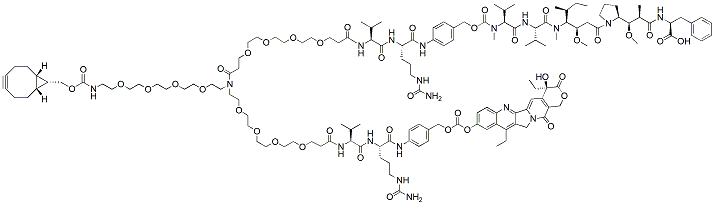 Molecular structure of the compound: N-(endo-BCN-PEG4)-N-(PEG4-Val-Cit-PAB-MMAF)-N-(PEG4-Val-Cit-PAB-SN-38)