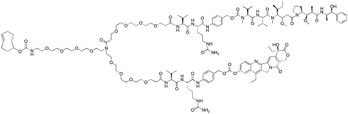 Molecular structure of the compound: N-(TCO-PEG4)-N-(PEG4-Val-Cit-PAB-MMAE)-N-(PEG4-Val-Cit-PAB-SN-38)