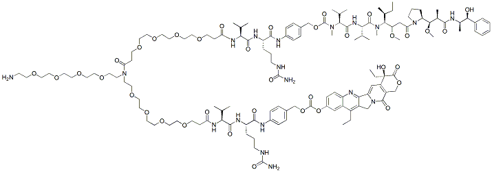 Molecular structure of the compound: N-(Amino-PEG4)-N-(PEG4-Val-Cit-PAB-MMAE)-N-(PEG4-Val-Cit-PAB-SN-38)