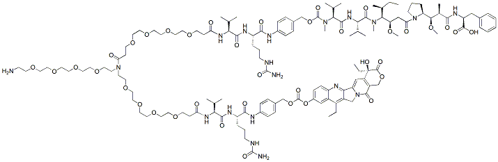 Molecular structure of the compound: N-(Amino-PEG4)-N-(PEG4-Val-Cit-PAB-MMAF)-N-(PEG4-Val-Cit-PAB-SN-38)