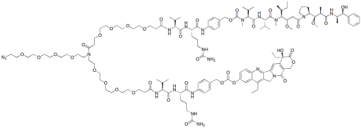 Molecular structure of the compound: N-(Azido-PEG4)-N-(PEG4-Val-Cit-PAB-MMAE)-N-(PEG4-Val-Cit-PAB-SN-38)