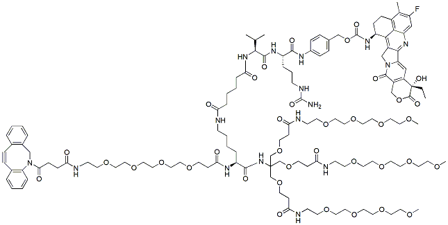 Molecular structure of the compound: DBCO-PEG4-Lys-(C6-Val-Cit-PAB-Exatecan)Tris-tri-(m-PEG4)