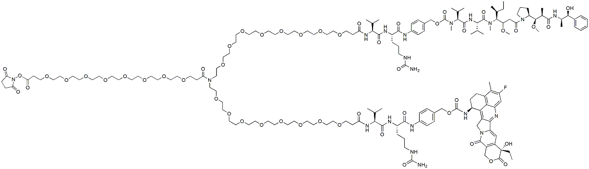 Molecular structure of the compound: N-(NHS-PEG8)-N-(PEG8-Val-Cit-PAB-MMAE)-N-(PEG8-Val-Cit-PAB-Exatecan)